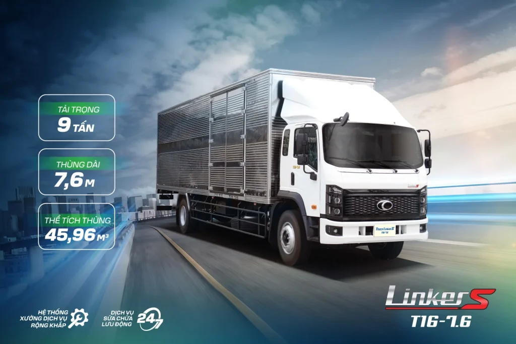 THACO Linker S T16-7.6: tải trọng 9 tấn, thùng dài 7,6 m